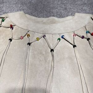 Pioneer Wear Fringe Beaded Tan Ivory Leather Women's Top Size 10 Cowgirl Western